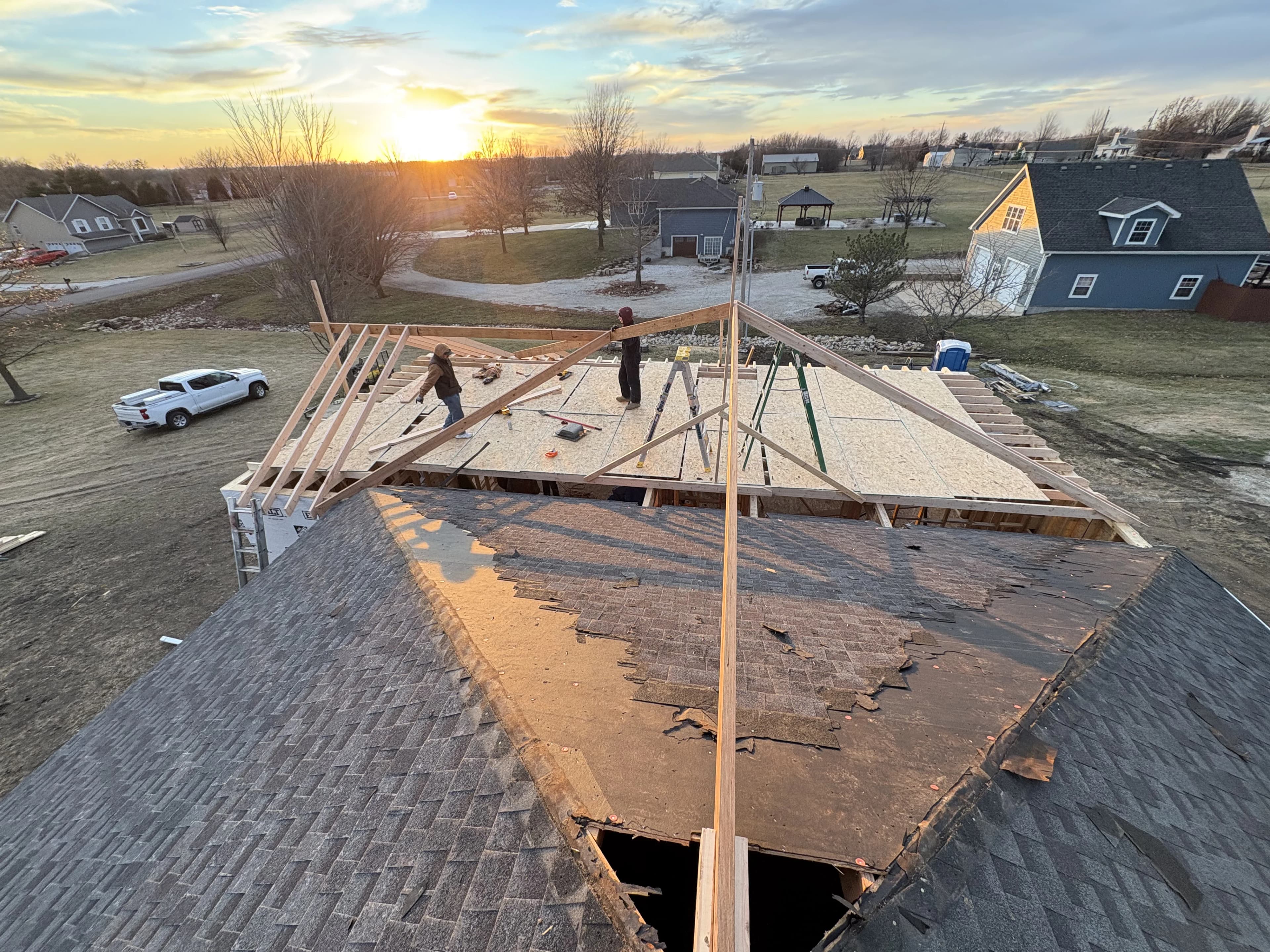 Custom residential construction captured during the framing phase.