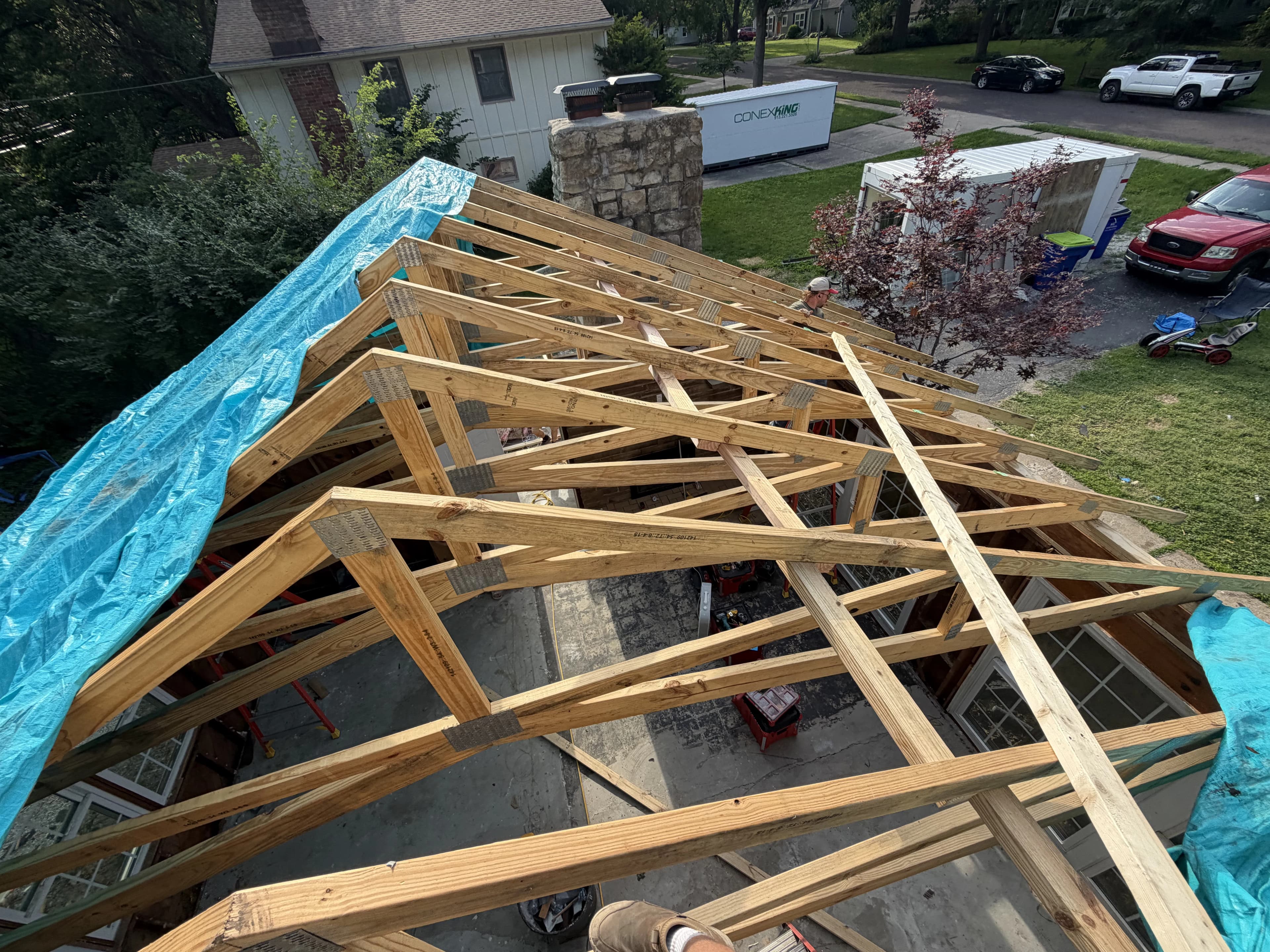 Framing sequence for a residential addition from layout through structural build-out.